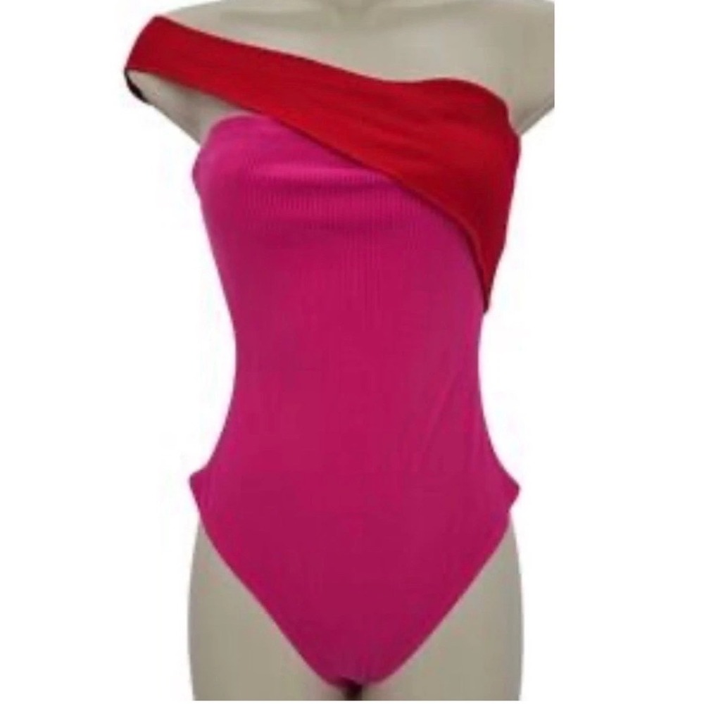 Naked Wardrobe Pink and Red Colorblock 1 Shoulder Ribbed Bodysuit Size Large
